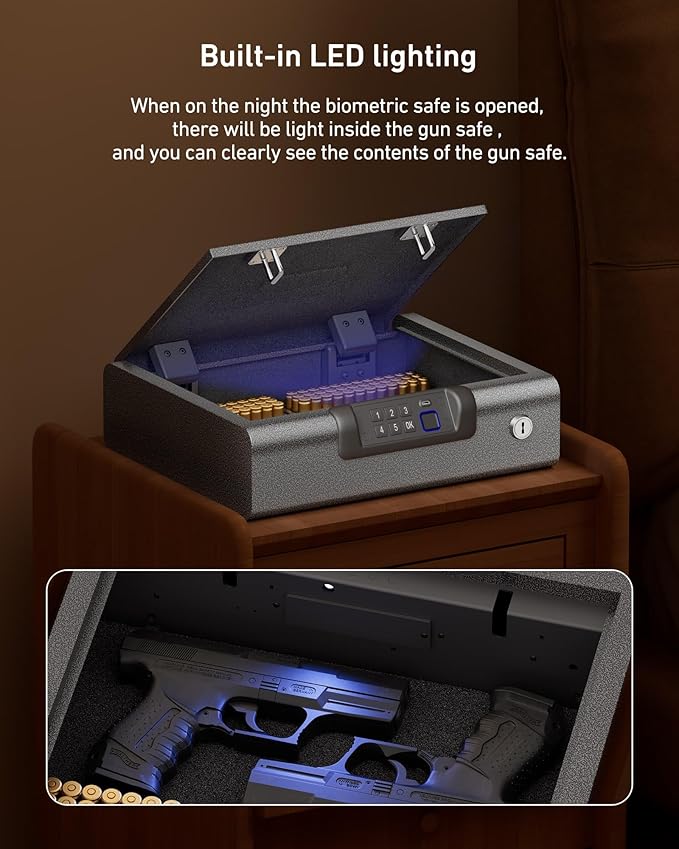 BILLCONCH Large Gun Safe Biometric Fingerprint Handgun Pistol Safes | Fingerprint PIN Key Unlock, Interior Light and USB Charging Lock box with Silent Mode for Bedroom Nightstand - Image 4