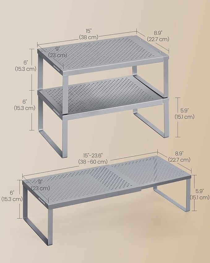 SONGMICS Spice Rack, Expandable Kitchen Countertop Shelf, Steel | Set of 2 small cupboard organizers, space-saving tabletop shelves, Silver, UKCS402FG01 - Image 6