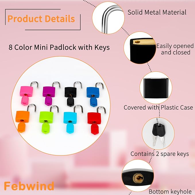 8 Pcs Suitcase Locks with Copper Keys Protect Your Belongings with Febwind's Set of 8 Mini Padlocks Multicolor Durable Locks for Suitcases Backpacks Boxes Cabinet and Laptop Bags - Image 3