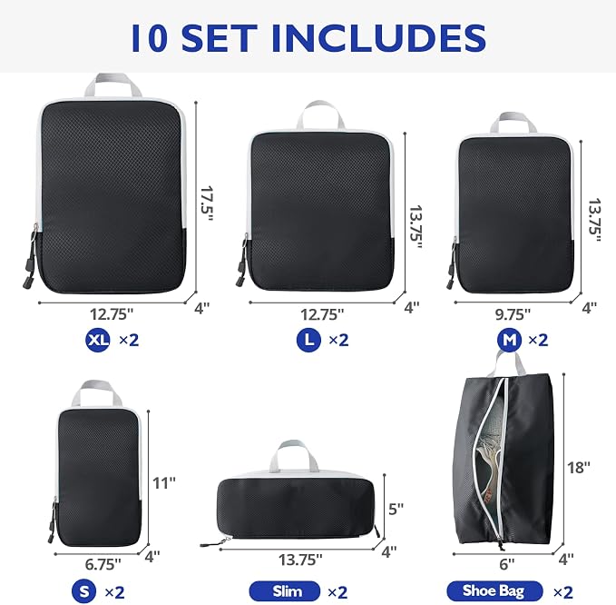 Compression Packing Cubes, 10 Set Packing Cubes for Travel Compression, Lightweight Compressible Package Organizer for Carry On and Suitcases, Black and Grey - Image 3