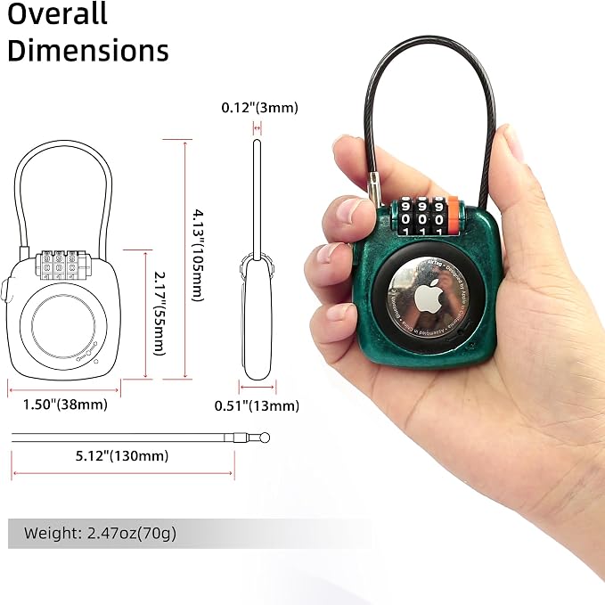 AirTag Lock for Luggage, Suitcase, Compatible with Apple Air Tag Holder, Combination Cable Lock Air TagHolder for Kids Backpack, Car Key, Keychain, Bike Tracking, Metal GPS Tracker Case - Image 2
