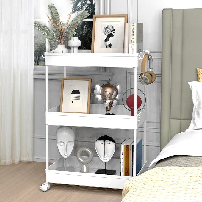 3 Tier Rolling Cart with Wheels, Storage Craft Art Trolley Organizer Serving, 3 Hanging Baskets Easy Assembly, for Office, Bathroom，Living Room, Kitchen, White - Image 7