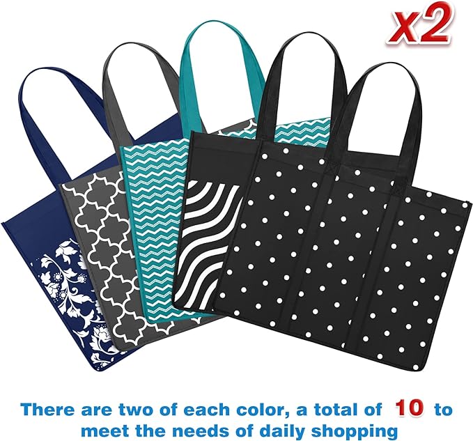 10 Pack Reusable Grocery Bags Waterproof Tote Bags for Shopping Groceries | 35L Large Capacity, Heavy-Duty, Waterproof, Lightweight, Foldable Tote with Sturdy Handles, Polka Dot Design - Image 5