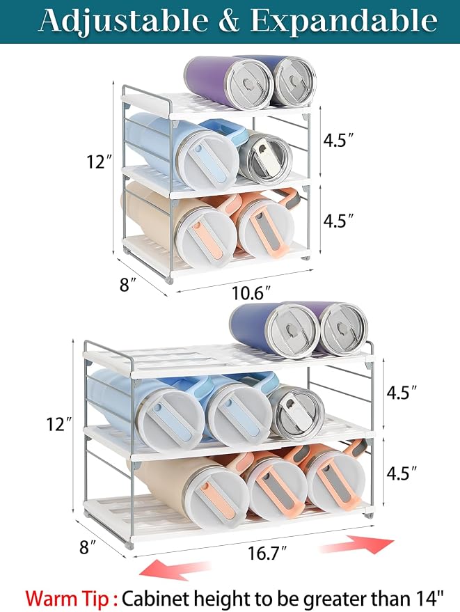 Upgraded Large Expandable Water Bottle Organizer Designed for 40 oz Stanley, Owala & Yeti Tumblers, Adjustable Storage Rack for Travel Mug Cabinet, Pantry, and Kitchen Organizer, Fits 20/30 oz Bottles - Image 2