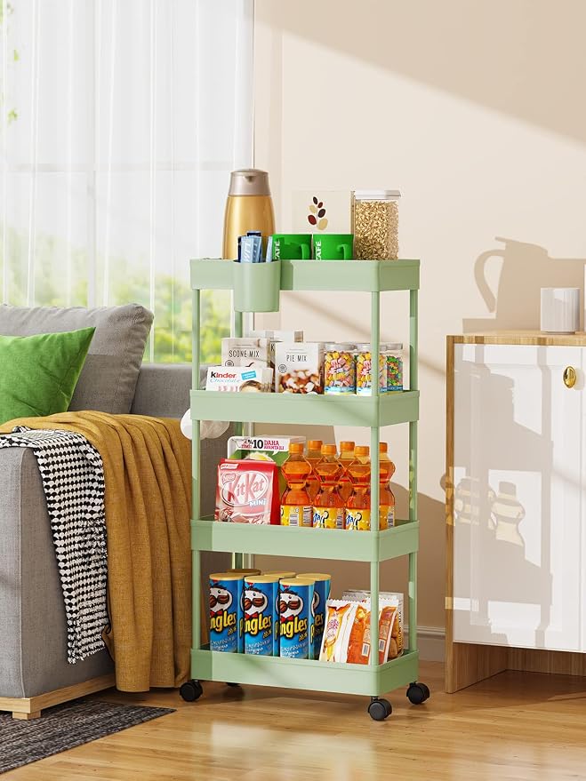 LEHOM Slim Rolling Storage Cart - 4 Tiers Bathroom Organizer Utility Cart | Slide Out Storage Shelves Mobile Shelving Unit for Kitchen, Bedroom, Office, Laundry Room, Small Narrow Spaces (7.1" W+Green) - Image 5