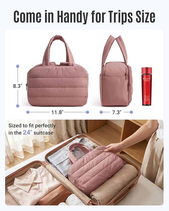 Travel Toiletry Bag, Quilted Travel Makeup Cosmetic Bag Organizer, Toiletry Bags for Traveling Women, Make up Bag with Handle, Coffee Brown - Image 6