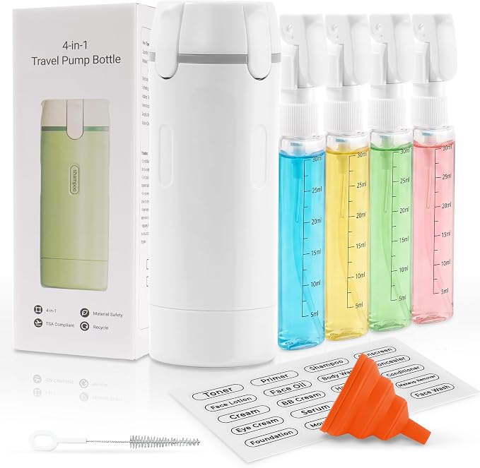 4-in-1 Travel Dispenser, 4 Pack 30ML Travel Bottles with Stickers for Toiletries – TSA Approved Leak Proof Refillable Containers for Shampoo, Conditioner, Creams, Lotions (White) by Jungsang