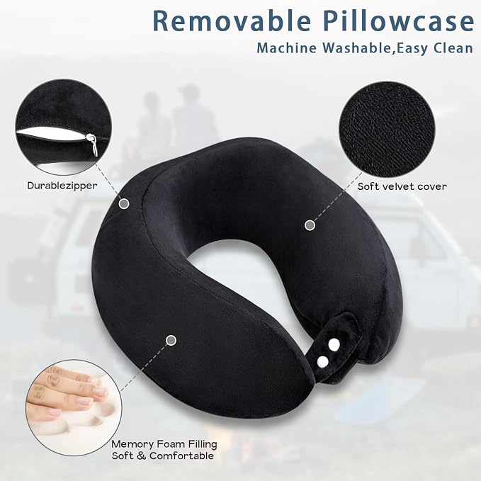 Neck Pillow Airplane Memory Foam Travel Pillows Black | Soft Cooling Pillow, Portable, Neck Support, For Adults, Train Bus Office Home - Image 2