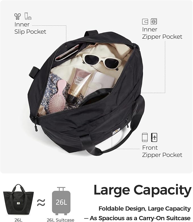 Foldable Travel Bag, 26L Duffle Bag for Travel, Expandable Second Carry-On Bag for Travel & Shopping, Water-Resistant Personal Item Bag, Black - Image 4