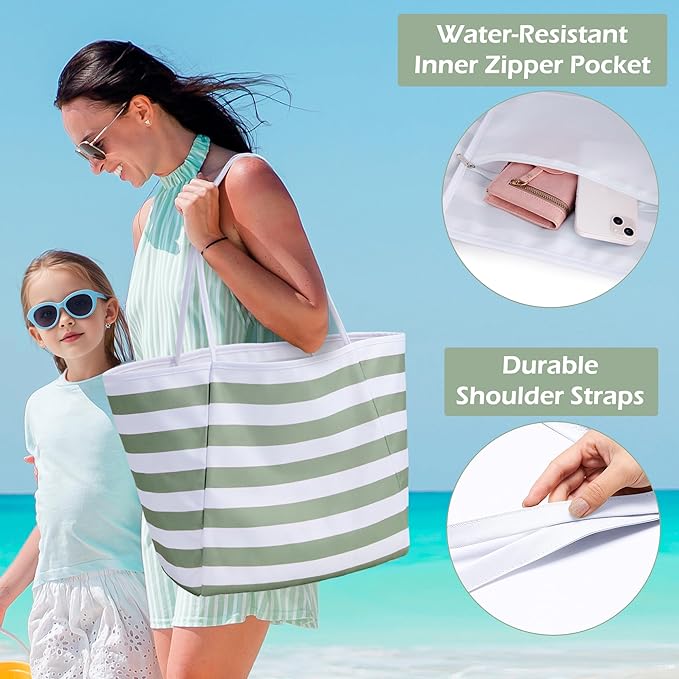 KALIDI Beach Tote Bag Women Large Waterproof Sandproof Shoulder Handbags | Foldable Grocery Bag Striped Pool Bag Lightweight Travel Purse for Picnic Travel Vacation Casual Errands Everyday Daily - Image 4