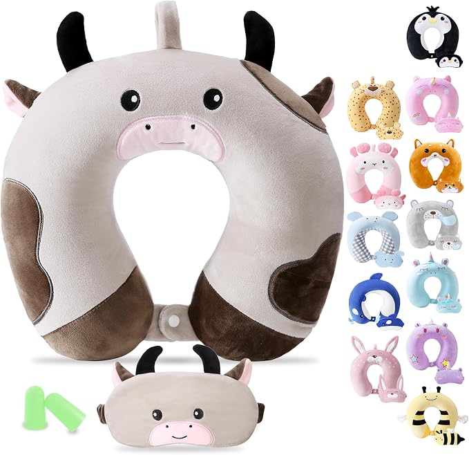 Cirorld Travel Pillow for Kids Adult Cute Neck Pillow for Traveling Memory Foam Airplane Pillow Sleep Mask Animal Flight Pillow Head Rest Neck Support for Cars Long Flights (Cow, 9-12 Y/O) by CIRORLD