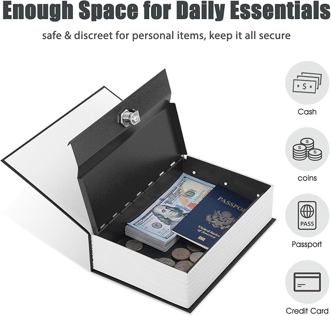 KYODOLED Diversion Book Safe with Key Lock, Secret Safe Metal Lock Box, Money Storage Collection Box, 9.5" x 6.2" x 2.2", Black Large - Image 3