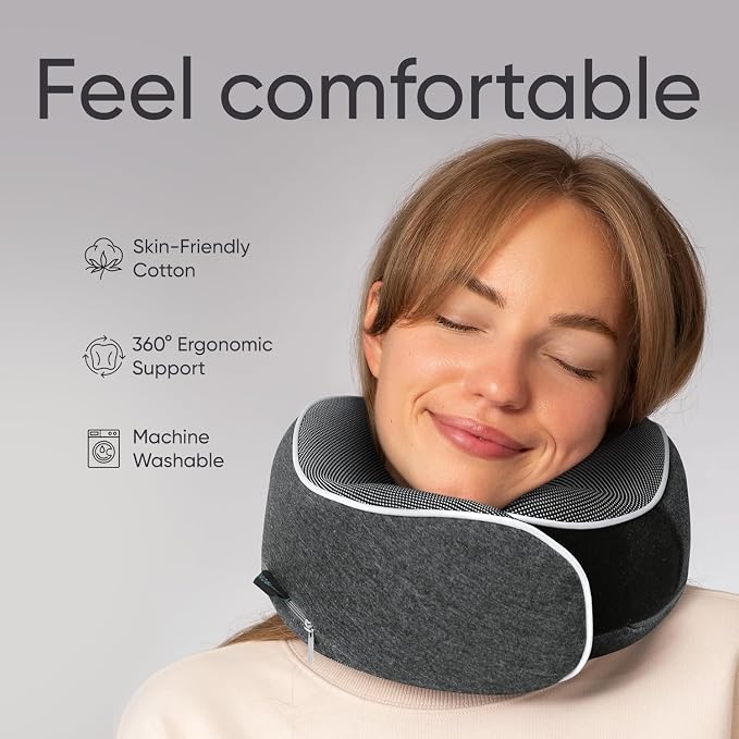 Travel Pillow, 100% Memory Foam Airplane Neck Pillow, Dark Grey | Sleeping Support Pillow for Adults, Car Travel Essentials Kit with 3D Contoured Eye Mask, Earplugs and Mesh Bag - Image 2