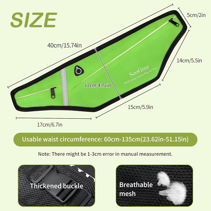 SooGree Slim Running Belt Fanny Packs for Women Men,Water Bottle Holder Hydration Fanny Pouch,Waterproof Sport Waist Pack with Reflective Strip,Runner Belt Bag for Running Cycling Camping Gym (Green) - Image 2