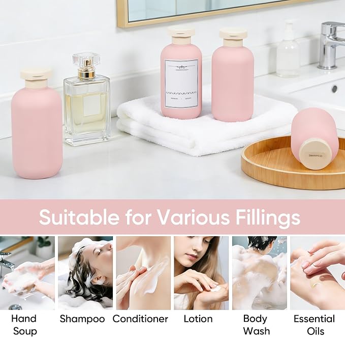 DEMORA 6.6oz Travel Bottles for Toiletries, Larger Plastic Travel Squeeze Bottles Leak Proof Refillable Toiletry Containers with Flip Caps and Labels for Shampoo Conditioner Lotion (Pink, 4 Pcs) - Image 6