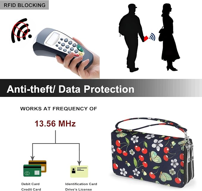 RFID Blocking Cellphone Wallet for Women with Wrist Strap, Double Zipper Travel Clutch Purse Large Capacity, Cherry - Image 5