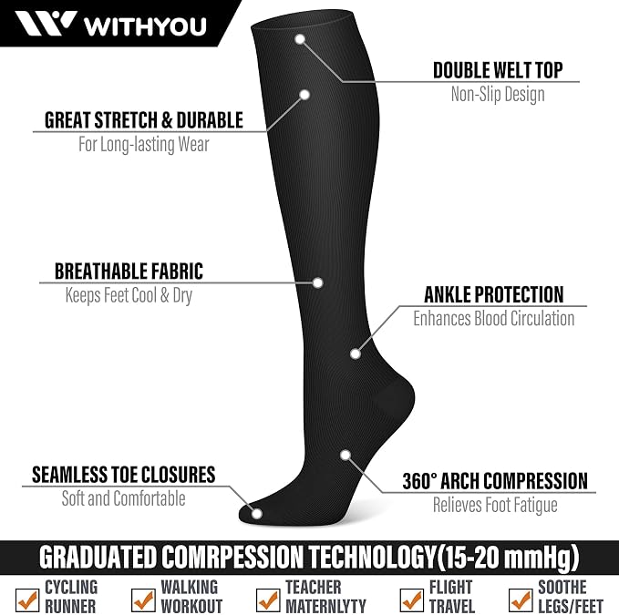 WITHYOU 3 Pairs Compression Socks for Women & Men 15-20 mmHg,Best Support for Nurses Running Hiking - Image 3