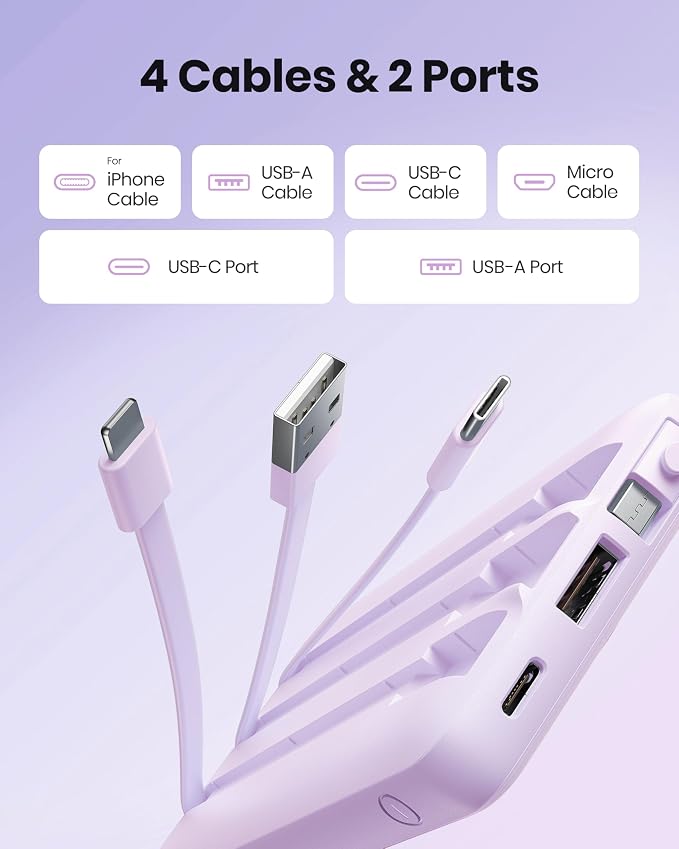 Portable Charger with Built-in Cable, 10000mAh Slim USB C Power Bank, External Battery Pack 5 Outputs 2 Inputs LED Display Compatible with iPhone/Android & More (Lavender) - Image 2