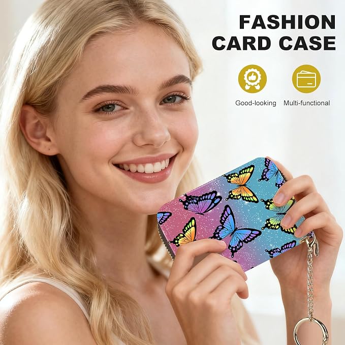 Credit Card Holder for Women,Small Rfid Wallet with Keychain Zipper,Cute PU Leather Card Case Wallet，Accordion Credit Card Wallets Gift,Colorful Butterflies - Image 6