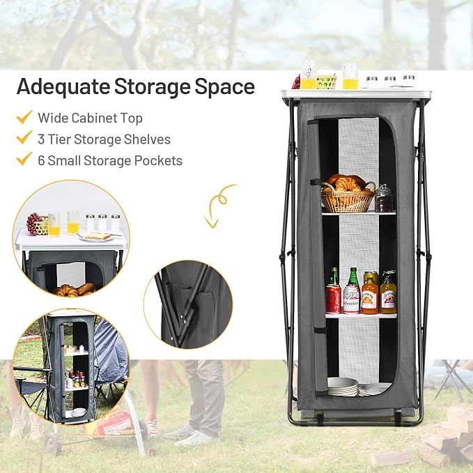 Giantex Folding Camping Storage Cabinet with 3 Shelves and Carry Bag, Portable Outdoor Organizer Kitchen Table, Quick Set-up for BBQ, Picnic, Backyard, Compact Pop-Up Cupboard, 55''H - Image 6
