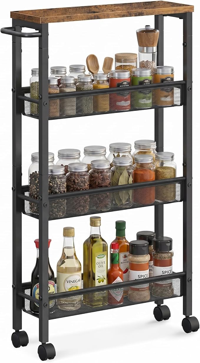 SONGMICS HOME Slim Rolling Cart, 4-Tier Storage Cart with Wheels and Handle, Narrow Utility Cart for Kitchen, Living Room, Brown and Black by SONGMICSHOME