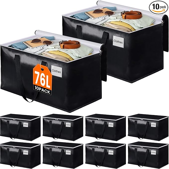 Heavy Duty Moving Bags, Extra Large Storage Bags, 76L, 10-Pack, Black | Foldable, with Zippers, Tag Pocket & Handles, Reusable, Space-saving, Water-Resistant, for moving & storage, Versatile Use by BlissTotes