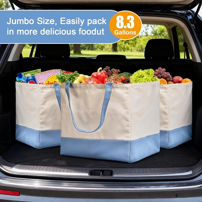 Reusable Grocery Bags Heavy Duty, 8.3 gal Foldable Large Canvas Tote Bag with Handles, Holds 60 lbs Canvas Shopping Bags, 3 Pack（Off White+Light Blue） - Image 3