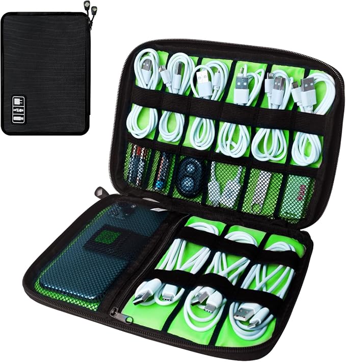 Lcsmaokin Electronics Travel Organizer,Portable Waterproof Electronic Travel Storage Bag for Small Charging Cord Storage,Charger,SD Card etc,for Travel,Business -Black Green by Lcsmaokin