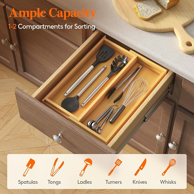 Lifewit Bamboo Utensil Organizer for Kitchen Drawer, Cooking Utensil Tray | Expandable Cutlery Silverware Flatware Holder, Wood Adjustable Spatula Tools Storage Divider, 7-12 x 15.75", Natural - Image 6