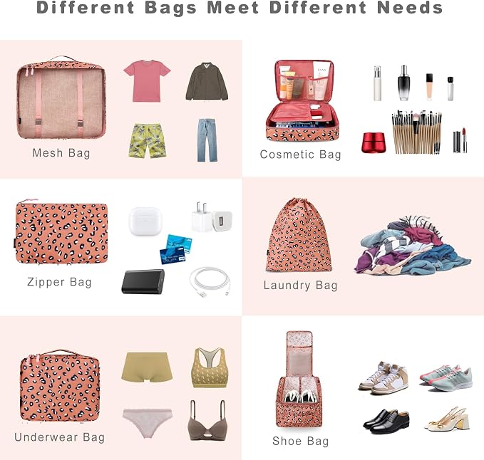 BAGAIL 8 Set Packing Cubes Luggage Packing Organizers for Travel Accessories-Pink Leopard - Image 5