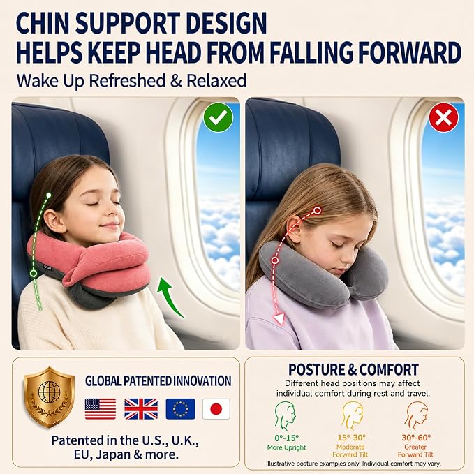 Kids Travel Pillows for Airplane, Memory Foam 360° Head Support Sleeping Essentials for Girls Long Flight, Skin-Friendly Soft Neck Pillow for Traveling in Car Seat, (Small, Pink Grey, 40-90 lbs) - Image 3
