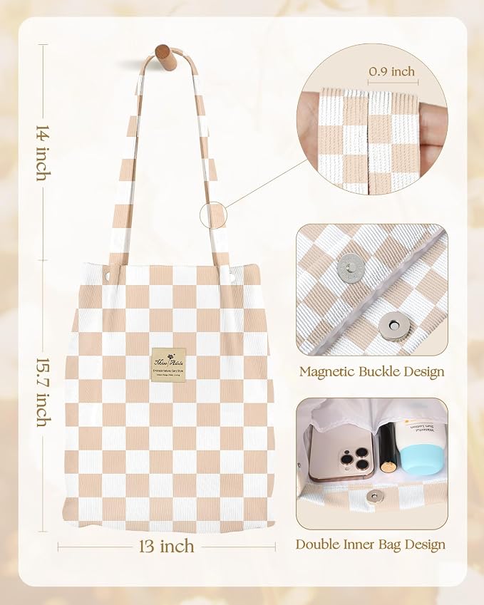 Miss Adola Corduroy Tote Bag for Women with Aesthetic Design | Magnetic Buckle & Pocket, Reusable, Soft, Roomy, Long Shoulder Handles, Double-sided Print, Casual Daily Work, Grocery Bags - Image 5