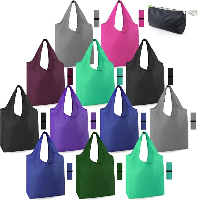 BeeGreen Groceries Reusable Bags for Shopping Compact Cute Solid Color Cloth Grocery Totes Set of 12 Fold up Packable Recycling Shopper Baggies w Zipper Carry Pouch for Supermarket by BeeGreen