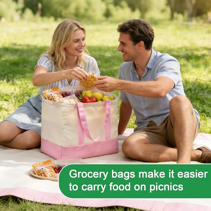 3-Pack Heavy Duty Canvas Reusable Grocery Bags, 8.3 Gal Foldable Large Tote with Handles, Washable Eco-friendly Bags with 5 Pockets, (Pink/Beige) - Image 7