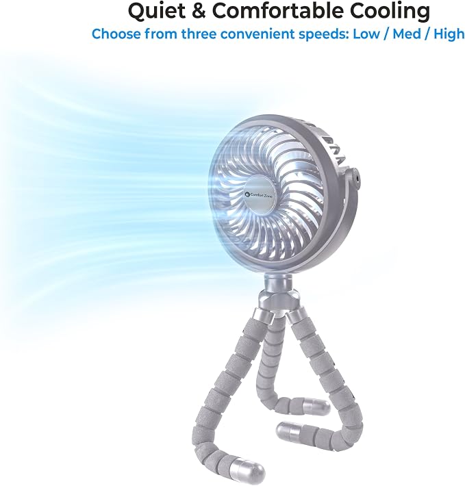 Comfort Zone Portable Stroller Fan, Silver | Rechargeable Battery Operated, Clip-On with 360° Flexible Tripod, LED Light, 3-Speed Cooling - Image 9