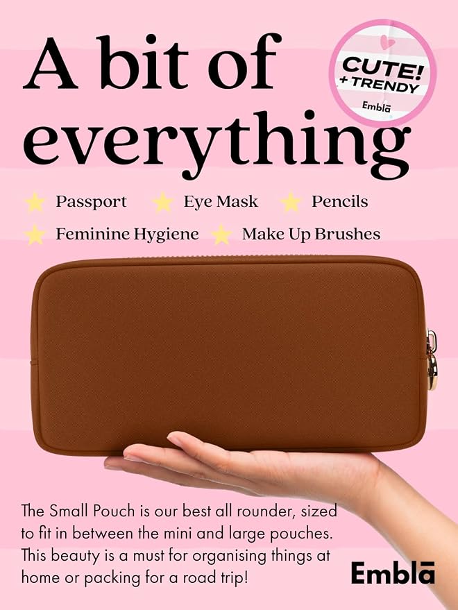 Embla Makeup Bag Travel Cosmetics Pouch and Toiletry Bag, Nylon Zipper Pouch Purse, Cute Make Up Organizer Storage Tote for Women Girls, Waterproof Travel Skincare Case, Small Makeup Bags, Chocolate - Image 3