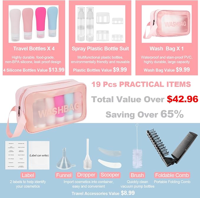 19 Pack Leak Proof Silicone Travel Bottles For Toiletries, TSA Approved Shampoo and Conditioner Containers with Tags Comb Airless Pump Jar and Wash Bag - Image 2