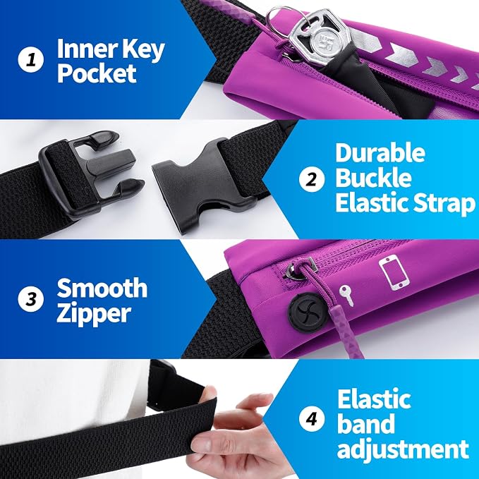 USHAKE Slim Running Belt for Women Men-Runners Phone Holder Fanny Pack, Adjustable, Bounce Free Waist Pouch bag for Workout, Money Belt, Run Gear Accessories Purple - Image 5