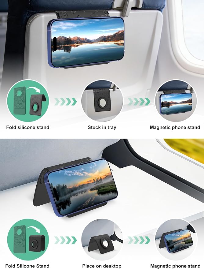 Magnetic Airplane Phone Holder, Foldable Flexible Phone Stand | Travel Essentials Phone Mount for MagSafe, Universal Hands-Free Airplane Gadgets for Flying, Plane, Office, Home, Kitchen - Image 3