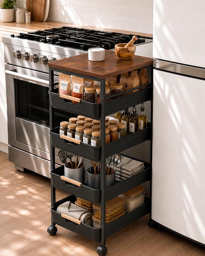 Pipishell Rolling Storage Cart with Drawers & Lockable Wheels, Black | 5 Tier Kitchen Cart with Safety Stops & Vented Design, Wood Top, Pull-Out Utility Cart for Kitchen, Home Office, Bedside - Image 7