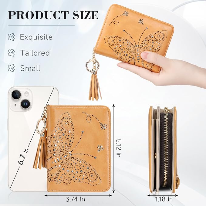 KITEVIUN Women RFID Blocking Small Bifold Wallet, Compact Cash Clutch with Zipper Coin Pocket, Glittery Butterfly Design, Credit Card Holder, Travel Purse with Tassel YELLOW - Image 3