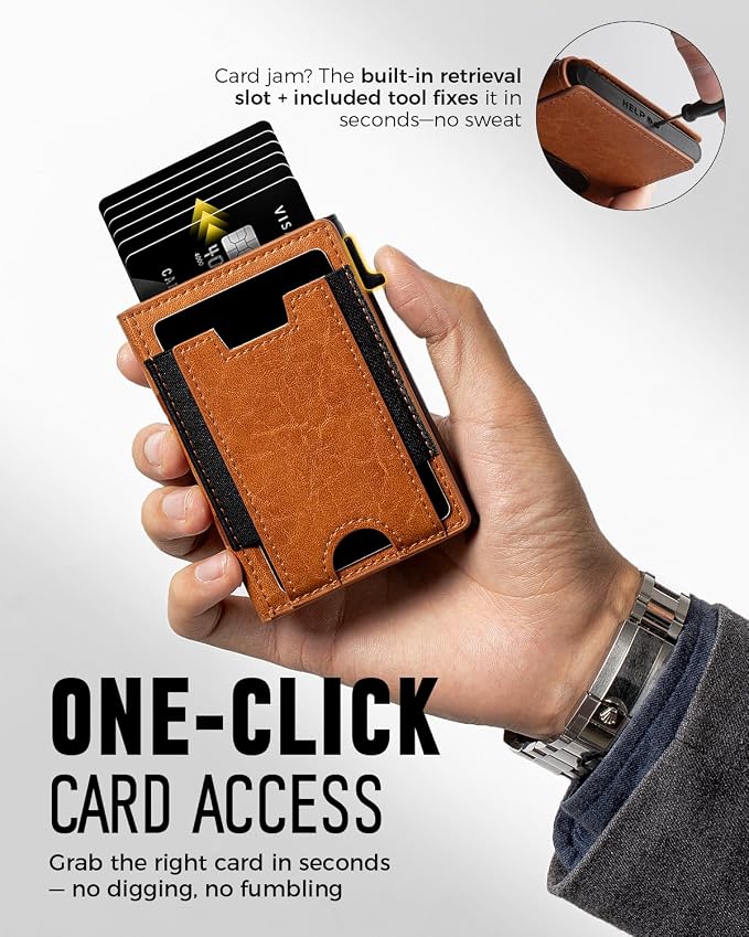 iwantit Slim Wallet for Men Card Holder: Minimalist RFID Blocking Wallet for 8-10 Cards - Smart Pop Up Card Case with Detachable Money Clip - Premium Leather Cardholder, Gift Boxed (Chestnut) - Image 3