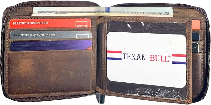 RFID Blocking Bifold Cowhide Leather Wallets For Men With Zipper Security | Safe Metal Zip Chain 9 Card-ID Slim Minimalist Mens Wallet (Hunter Brown) - Image 2