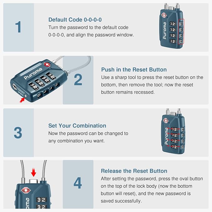 Puroma 2 TSA Approved Luggage Locks 4 Digit Code Cable Lock Blue Peacock | Resettable, Flexible Cable, Zipper holes, Zinc Alloy, Bright Color, Large White Numbers, Suitcase Train Travel, laptop bag - Image 6