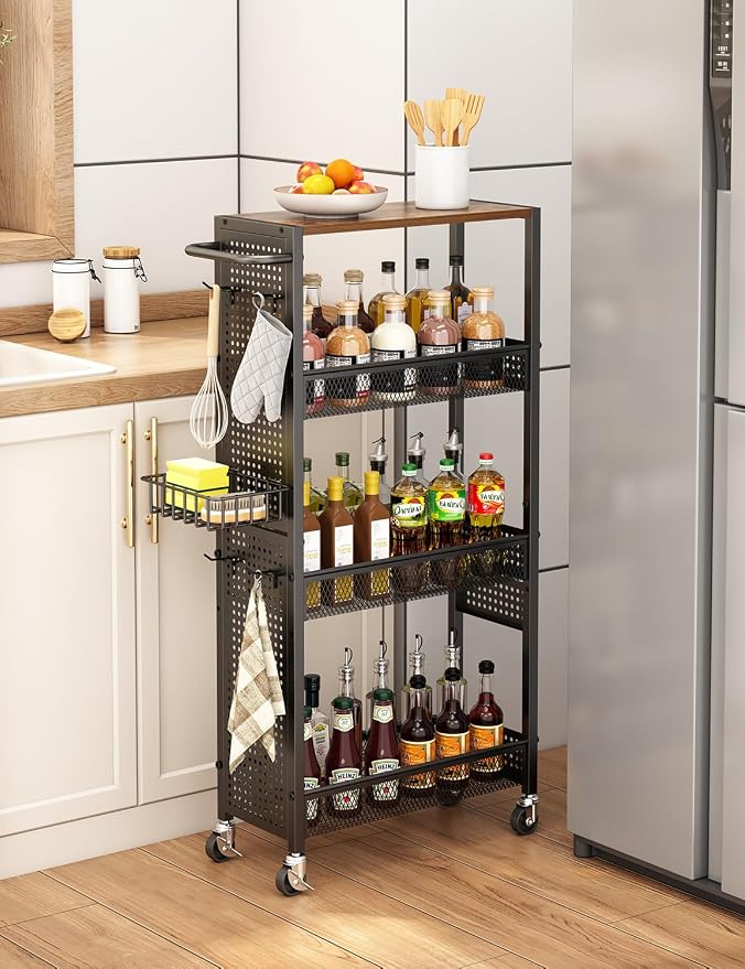 Slim Storage Rolling Cart: 4-Tier Narrow Metal and Wood Utility Cart with Wheels for Kitchen/Laundry/Bathroom(Black) by Stayorganized