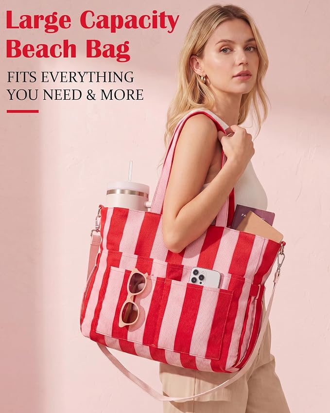 Kacctyen Striped Beach Tote Bag for Women Large Beach Foldable Tote Bag with Zipper Pockets for Travel Pool - Image 4