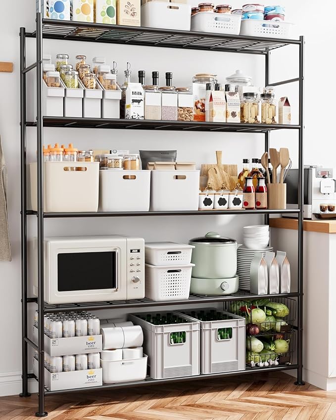 Sakugi Storage Shelves - 5 Tier Shelf Organizer, Heavy Duty Garage Shelving Unit with Leveling Feet, Stable Metal Shelves Organizer for Pantry, Kitchen and Closet, 46.3" W x 12.6" D x 60.3" H, Black - Image 2