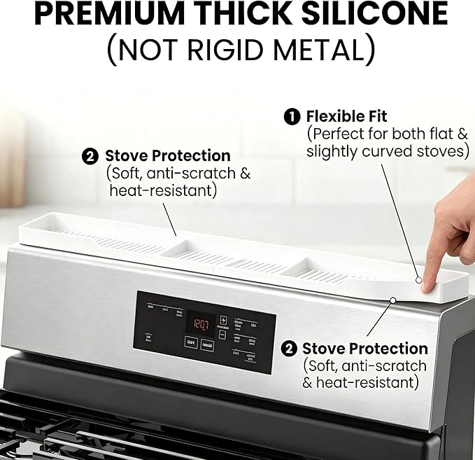 AWOKE Stove Top Shelf 30 Inch - Silicone Material Magnetic Shelf for The Stove - 3 Functional Partitions Kitchen Spice Rack Organizer - White - Image 4