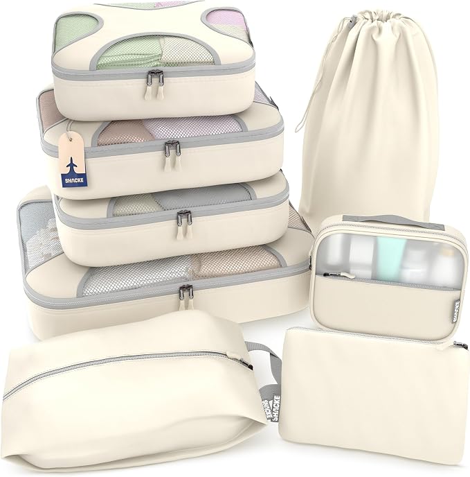 Shacke 8 Set Packing Cubes for Travel, Shoe & Toiletry Bags (Sand) | Complete Suitcase Organizer Bags Set: 4 Luggage Packing Cubes + Laundry, Shoe, Toiletry & Accessories Bags for Any Trip by Shacke