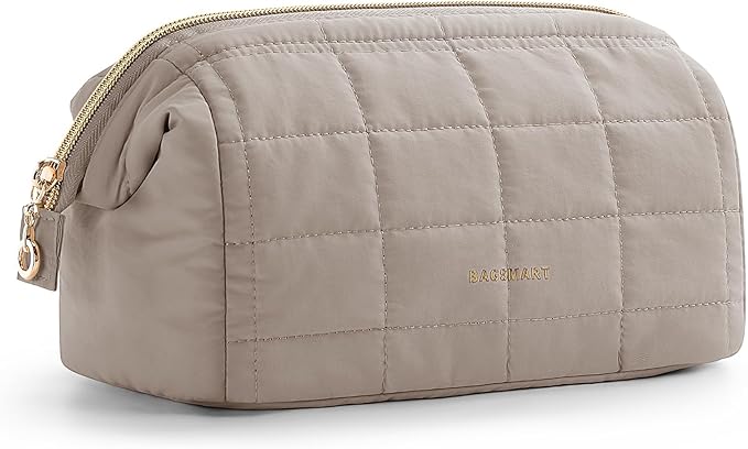 BAGSMART Makeup Bag Travel Toiletry Bag, Wide-open Zipper Pouch, Greige | Puffy Padded, Travel Essentials, Make Up Bag, For Women, Makeup Organizer, Toiletries Accessories Brushes by BAGSMART